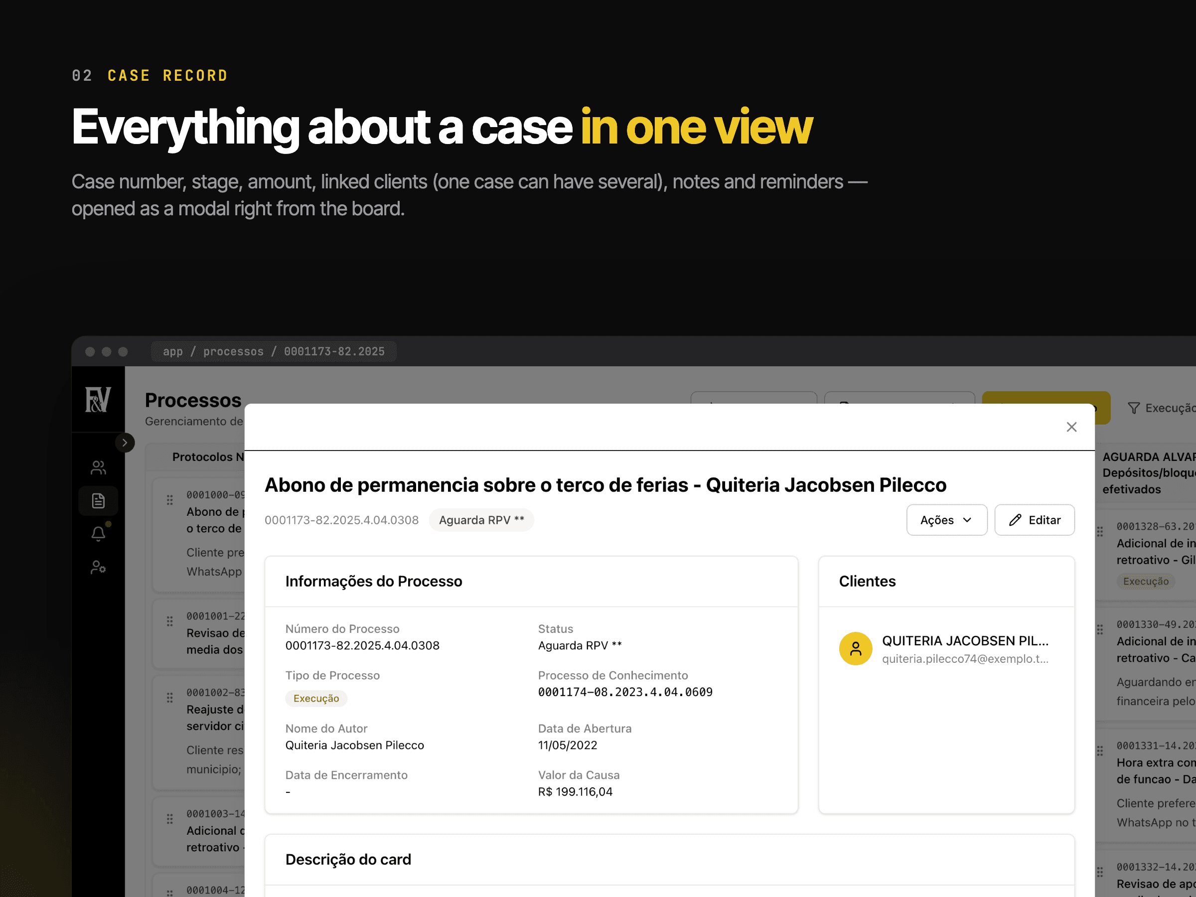 Case detail dialog opened from the board, bringing together the case number, stage, amount, linked clients, notes and reminders.
