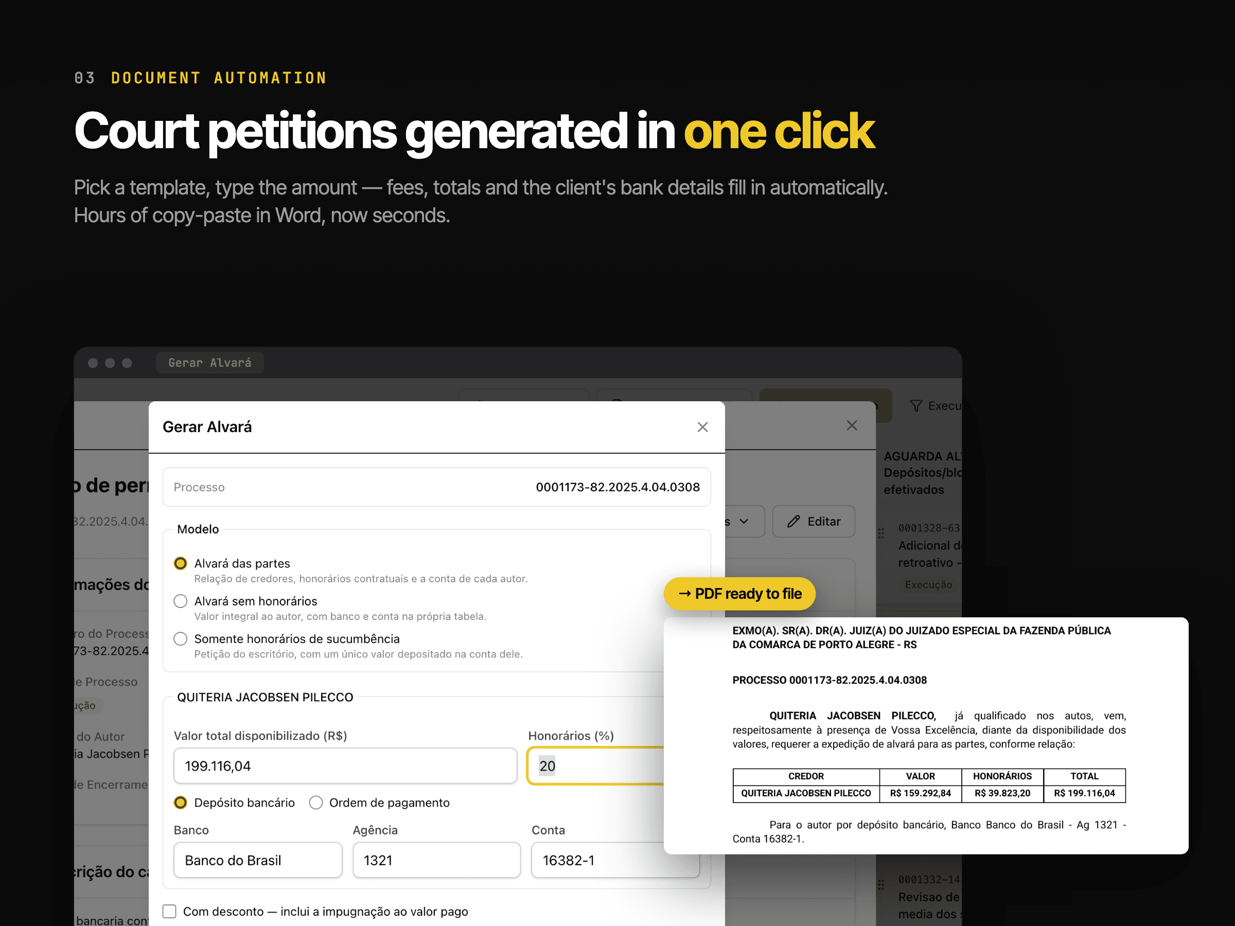 Fund-release petition form beside its generated PDF, using the entered amount to fill fees, totals and client bank details.